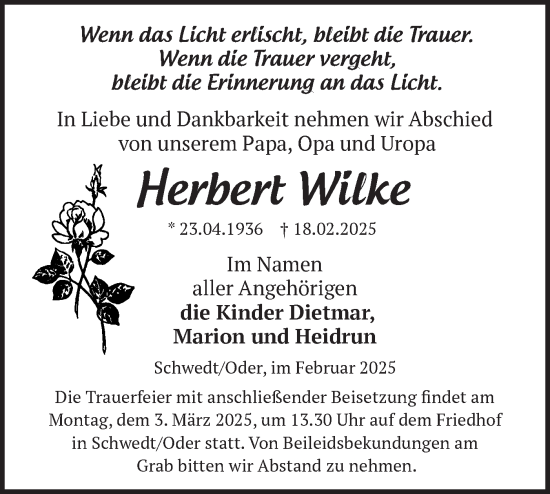 Traueranzeige von Herbert Wilke von Märkische Oderzeitung