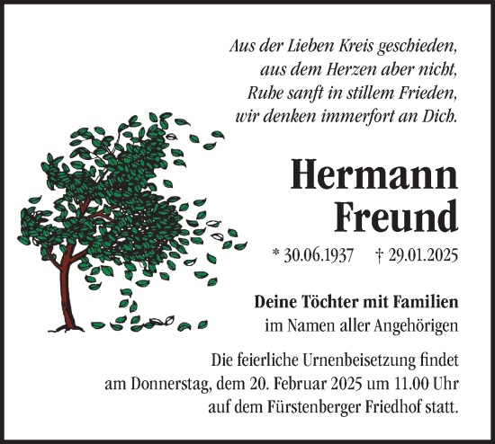 Traueranzeige von Hermann Freund von Märkische Oderzeitung