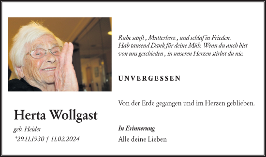 Traueranzeige von Herta Wollgast von Märkische Oderzeitung