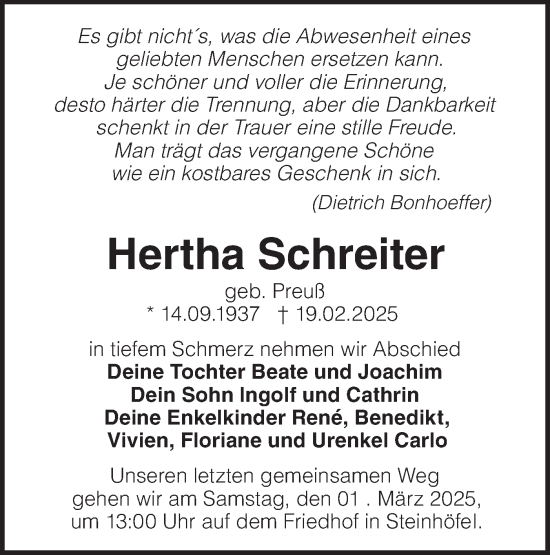 Traueranzeige von Hertha Schreiter von Märkische Oderzeitung