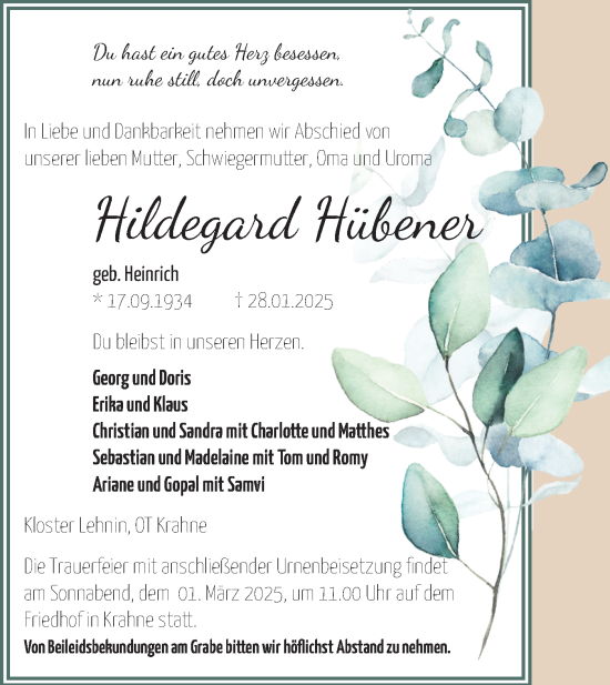 Traueranzeige von Hildegard Hübener von Märkische Oderzeitung