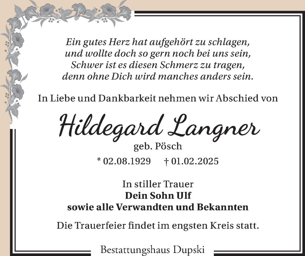  Traueranzeige für Hildegard Langner vom 08.02.2025 aus Märkische Oderzeitung