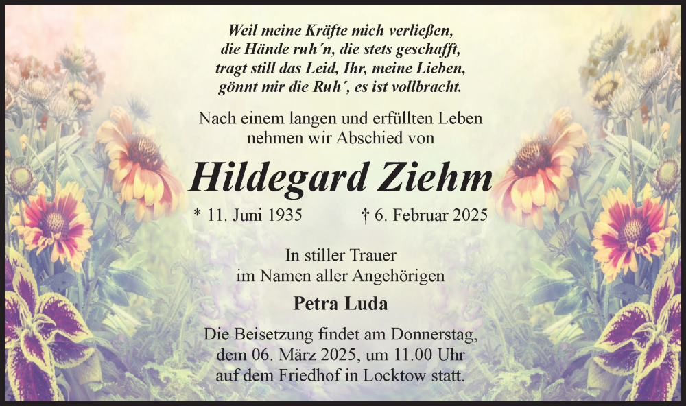  Traueranzeige für Hildegard Ziehm vom 22.02.2025 aus Märkische Oderzeitung