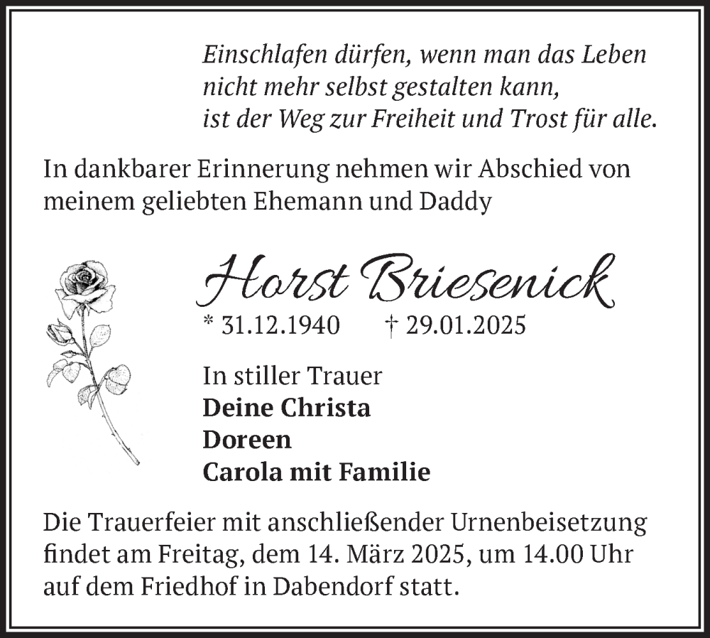 Traueranzeige für Horst Briesenick vom 15.02.2025 aus Märkische Oderzeitung