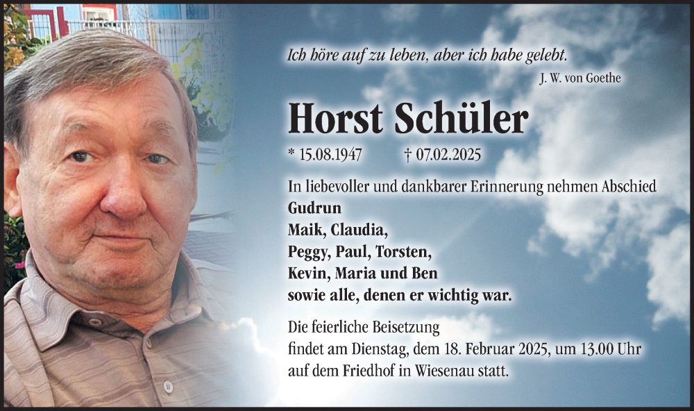  Traueranzeige für Horst Schüler vom 15.02.2025 aus Märkische Oderzeitung