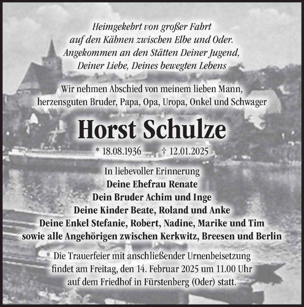 Traueranzeige für Horst Schulze vom 06.02.2025 aus Märkische Oderzeitung