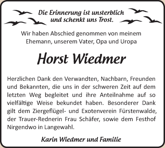 Traueranzeige von Horst Wiedmer von Märkische Oderzeitung