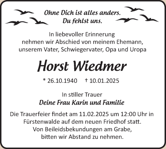Traueranzeige von Horst Wiedmer von Märkische Oderzeitung