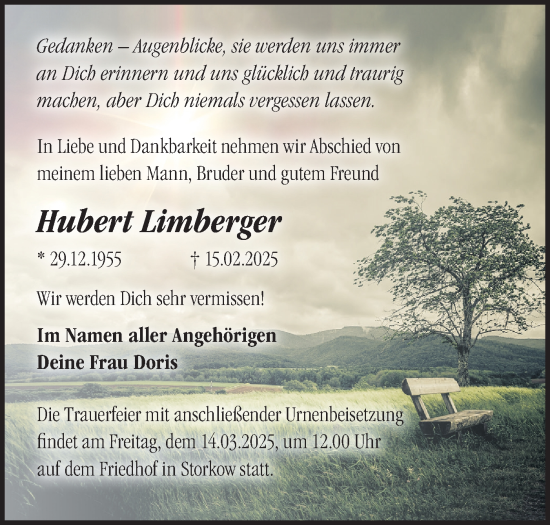 Traueranzeige von Hubert Limberger von Märkische Oderzeitung