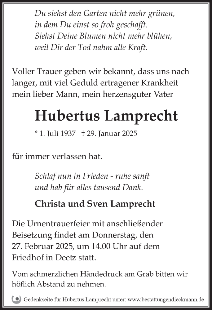  Traueranzeige für Hubertus Lamprecht vom 08.02.2025 aus Märkische Oderzeitung