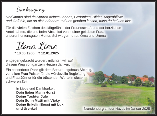 Traueranzeige von Ilona Liere von Märkische Oderzeitung