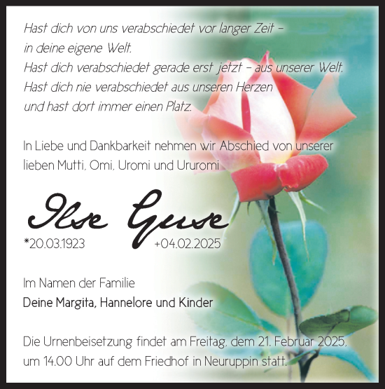 Traueranzeige von Ilse Guse von Märkische Oderzeitung