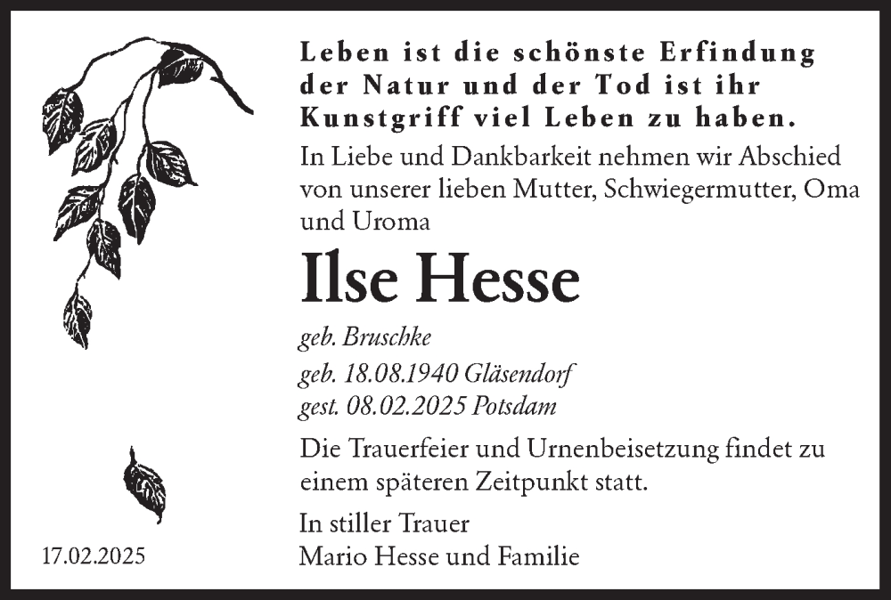 Traueranzeige für Ilse Hesse vom 21.02.2025 aus Märkische Oderzeitung