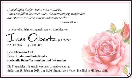 Traueranzeige von Ines Olbertz von Märkische Oderzeitung