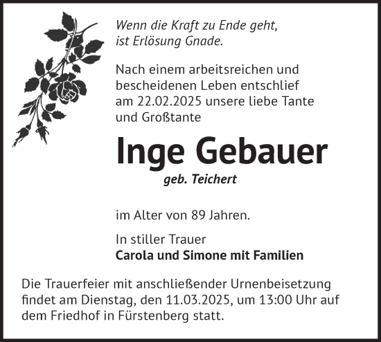 Traueranzeige von Inge Gebauer von Märkische Oderzeitung