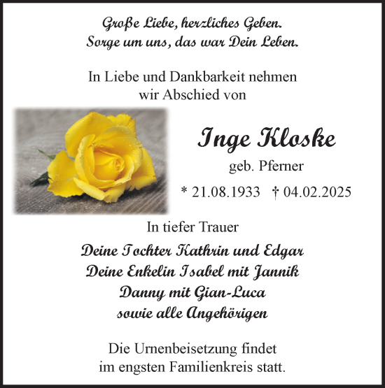 Traueranzeige von Inge Kloske von Märkische Oderzeitung