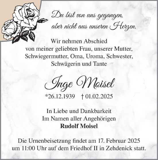 Traueranzeige von Inge Moisel von Märkische Oderzeitung