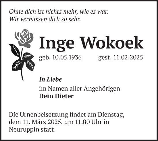 Traueranzeige von Inge Wokoek von Märkische Oderzeitung