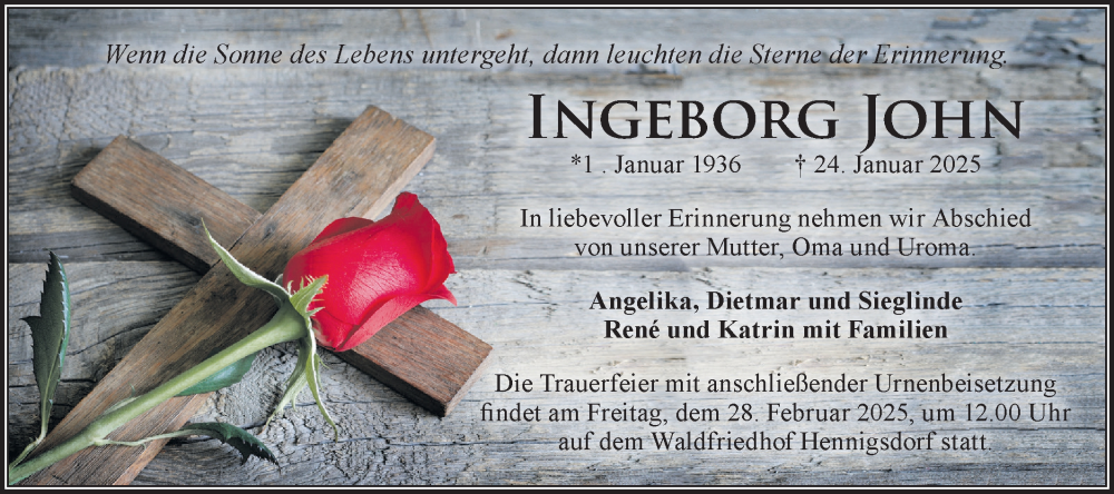  Traueranzeige für Ingeborg John vom 15.02.2025 aus Märkische Oderzeitung