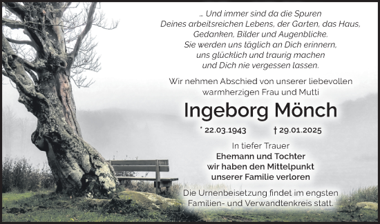 Traueranzeige von Ingeborg Mönch von Märkische Oderzeitung