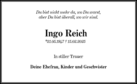 Traueranzeige von Ingo Reich von Märkische Oderzeitung