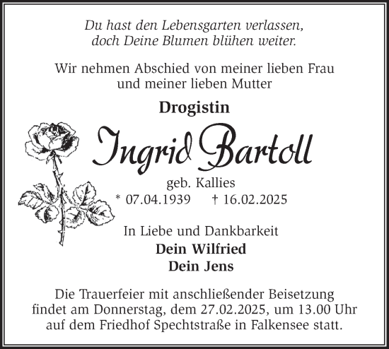 Traueranzeige von Ingrid Bartoll von Märkische Oderzeitung