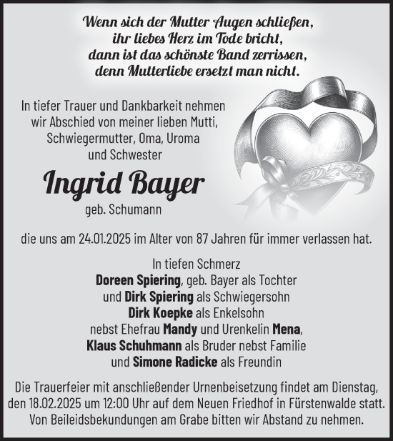 Traueranzeige von Ingrid Bayer von Märkische Oderzeitung