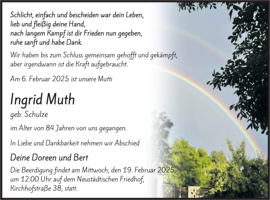 Traueranzeige von Ingrid Muth von Märkische Oderzeitung