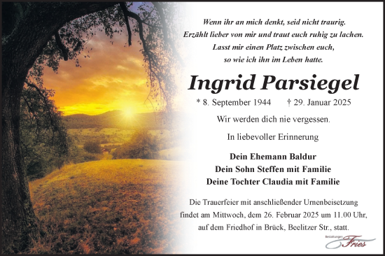 Traueranzeige von Ingrid Parsiegel von Märkische Oderzeitung