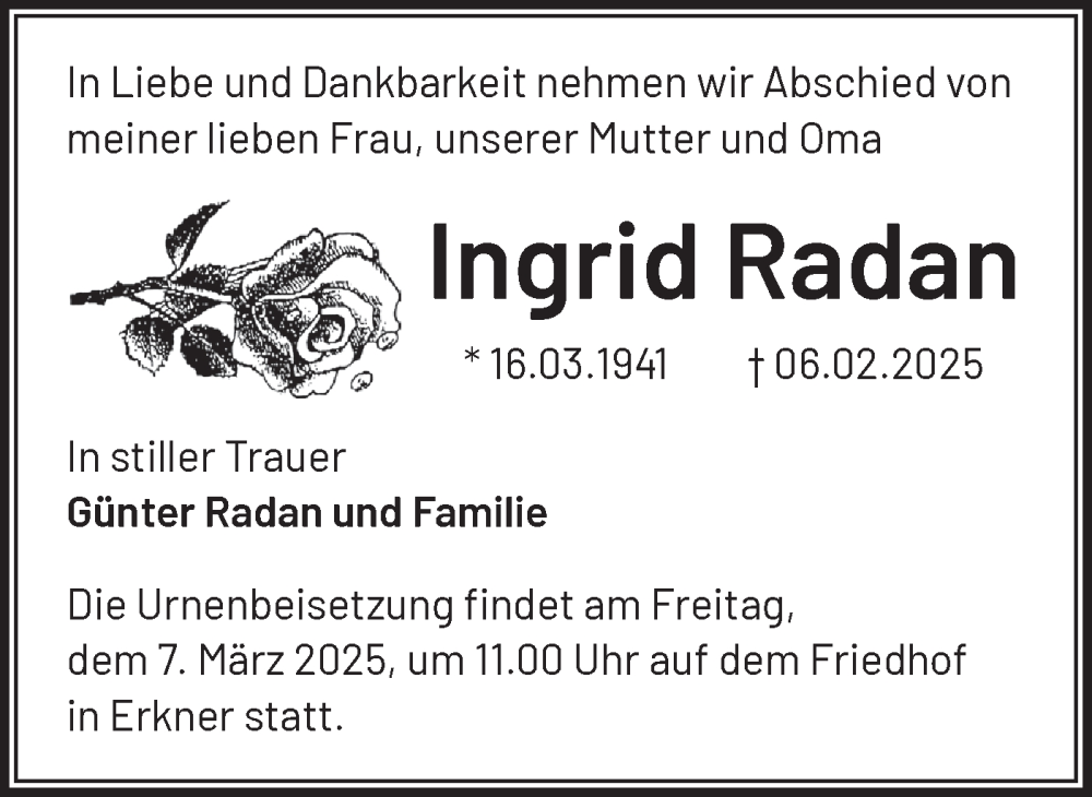  Traueranzeige für Ingrid Radan vom 22.02.2025 aus Märkische Oderzeitung