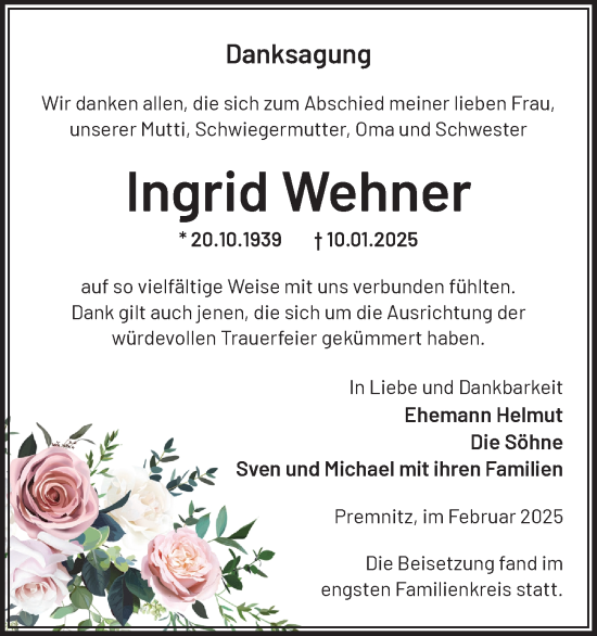 Traueranzeige von Ingrid Wehner von Märkische Oderzeitung