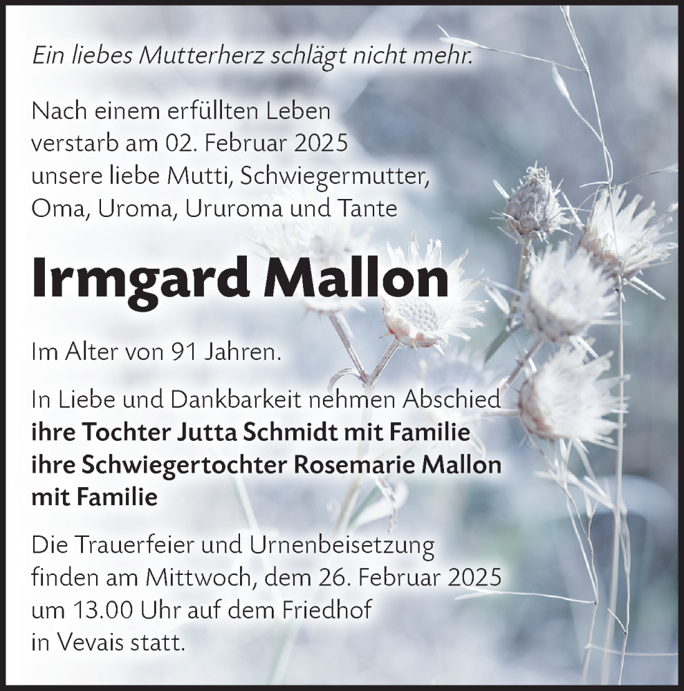  Traueranzeige für Irmgard Mallon vom 22.02.2025 aus Märkische Oderzeitung