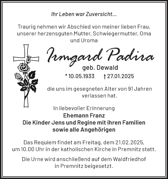 Traueranzeige von Irmgard Padira von Märkische Oderzeitung