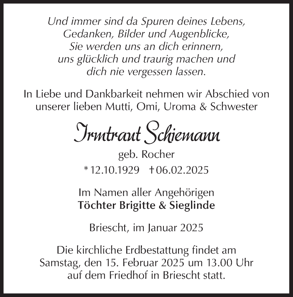  Traueranzeige für Irmtraut Schiemann vom 11.02.2025 aus Märkische Oderzeitung
