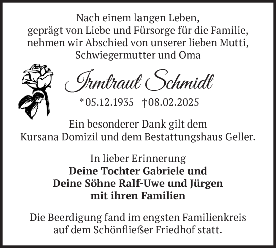 Traueranzeige von Irmtraut Schmidt von Märkische Oderzeitung