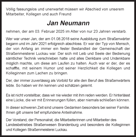 Traueranzeige von Jan Neumann von Märkische Oderzeitung