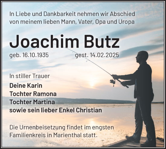 Traueranzeige von Joachim Butz von Märkische Oderzeitung