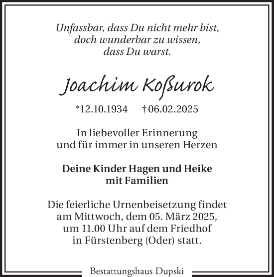 Traueranzeige von Joachim Koßurok von Märkische Oderzeitung
