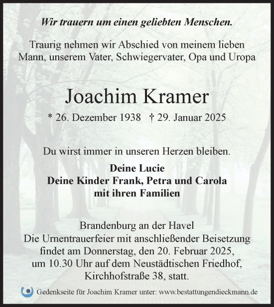 Traueranzeige von Joachim Kramer von Märkische Oderzeitung
