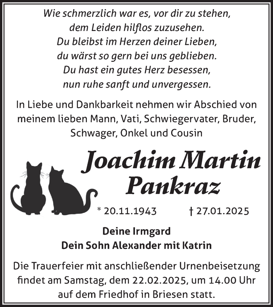  Traueranzeige für Joachim Martin Pankraz vom 08.02.2025 aus Märkische Oderzeitung