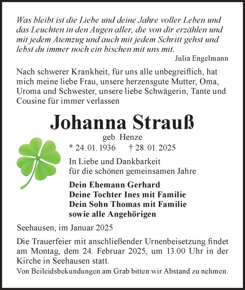  Traueranzeige für Johanna Strauß vom 08.02.2025 aus Märkische Oderzeitung