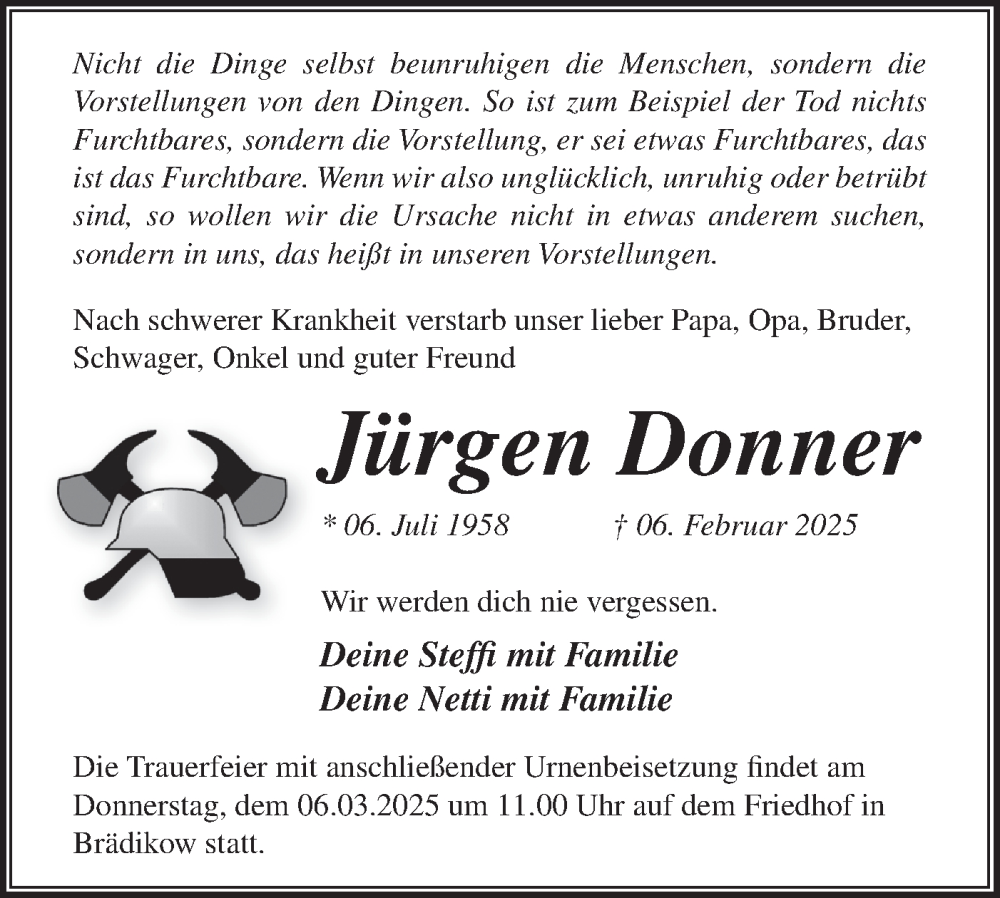  Traueranzeige für Jürgen Donner vom 15.02.2025 aus Märkische Oderzeitung