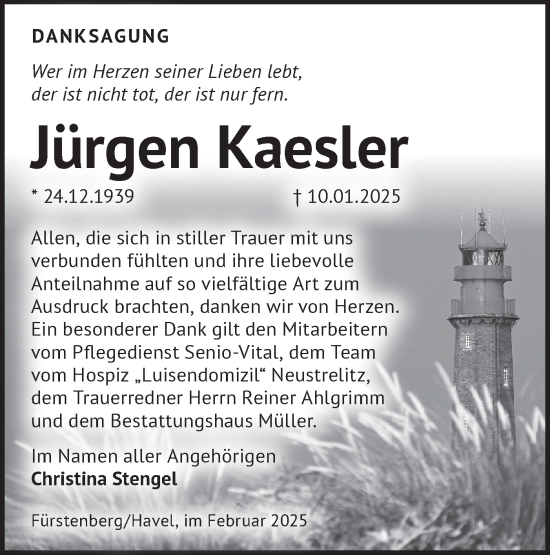 Traueranzeige von Jürgen Kaesler von Märkische Oderzeitung