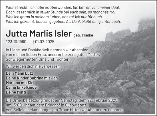 Traueranzeige von Jutta Isler von Märkische Oderzeitung