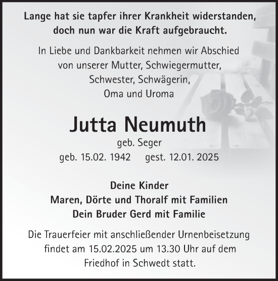 Traueranzeige von Jutta Neumuth von Märkische Oderzeitung