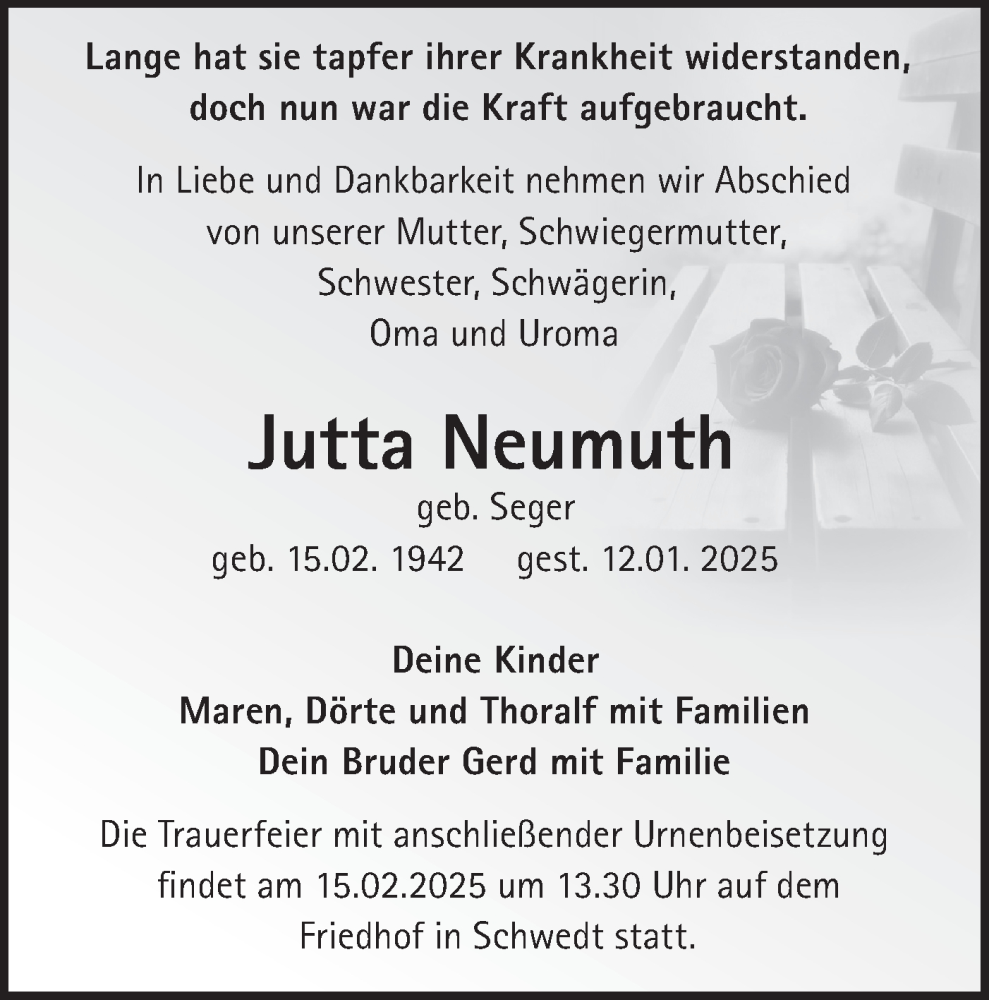  Traueranzeige für Jutta Neumuth vom 01.02.2025 aus Märkische Oderzeitung