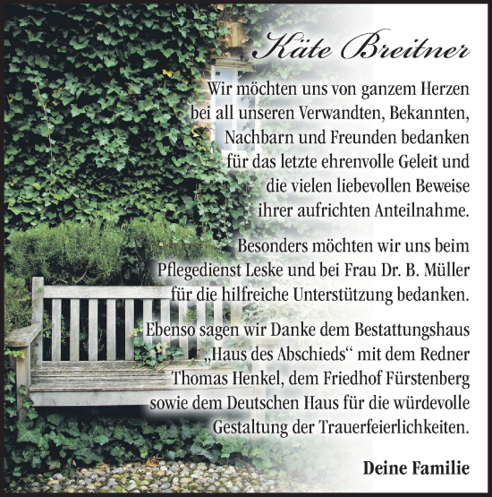 Traueranzeige von Käte Breitner von Märkische Oderzeitung