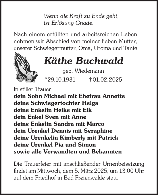 Traueranzeige von Käthe Buchwald von Märkische Oderzeitung