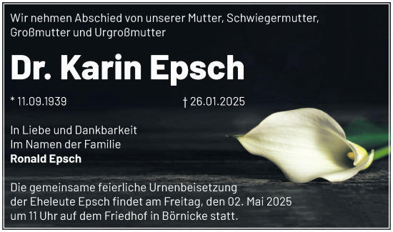 Traueranzeige von Karin Epsch von Märkische Oderzeitung