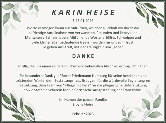 Traueranzeige von Karin Heise von Märkische Oderzeitung